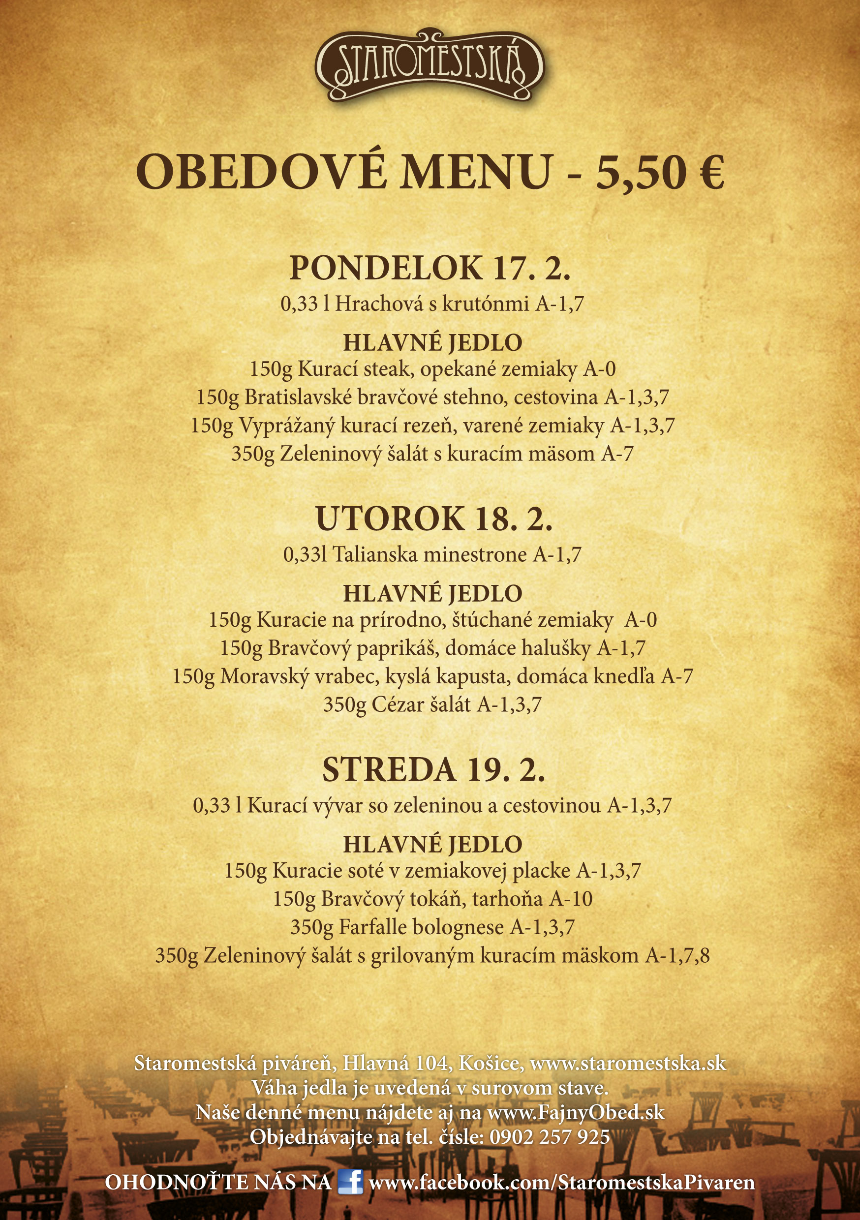 hotel kosice denne menu